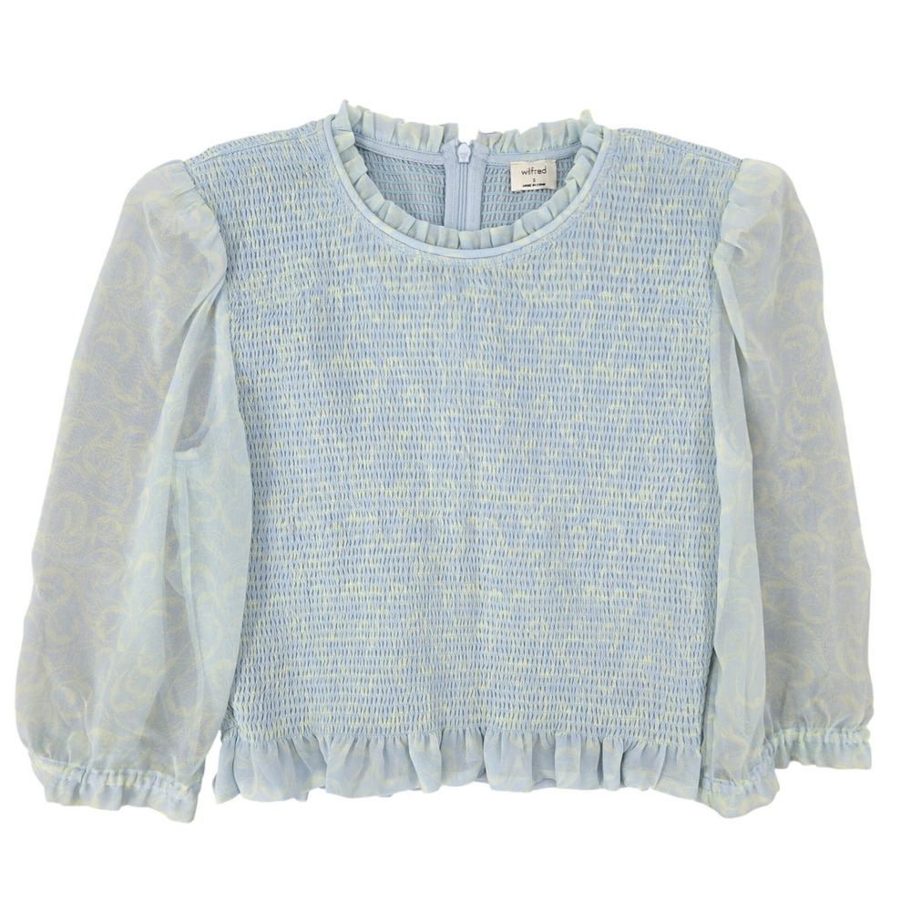 Wilfred Aritizia Women SMALL Smocked Puff Sleeve Top Blue Fairy Coquette Cottage